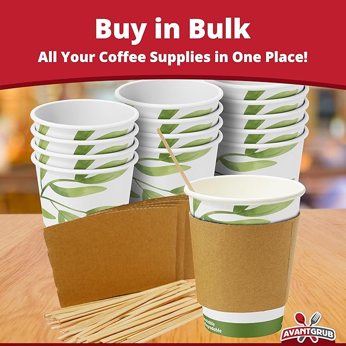 50Pk of 12Oz Recyclable Hot Drink Cups Wood Stirrers and Cardboard Coffee Sleeves. Biodegradable