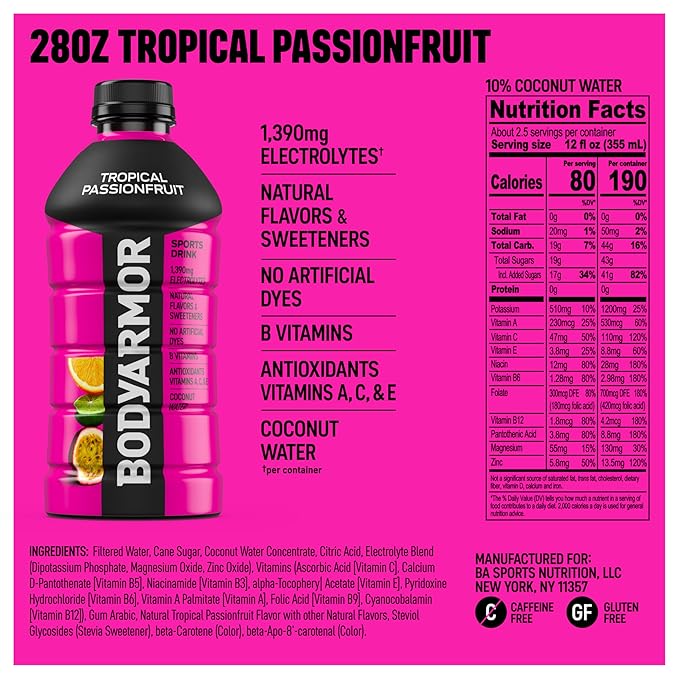 BODYARMOR Sports Drink Sports Beverage, Tropical Passionfruit, Coconut Water Hydration, Natural