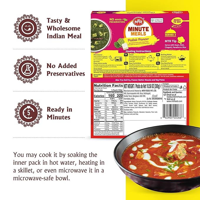 MTR - Minute Meals: Palak Paneer - Spiced Spinach Gravy with Cottage Cheese - Tasty Indian Meal