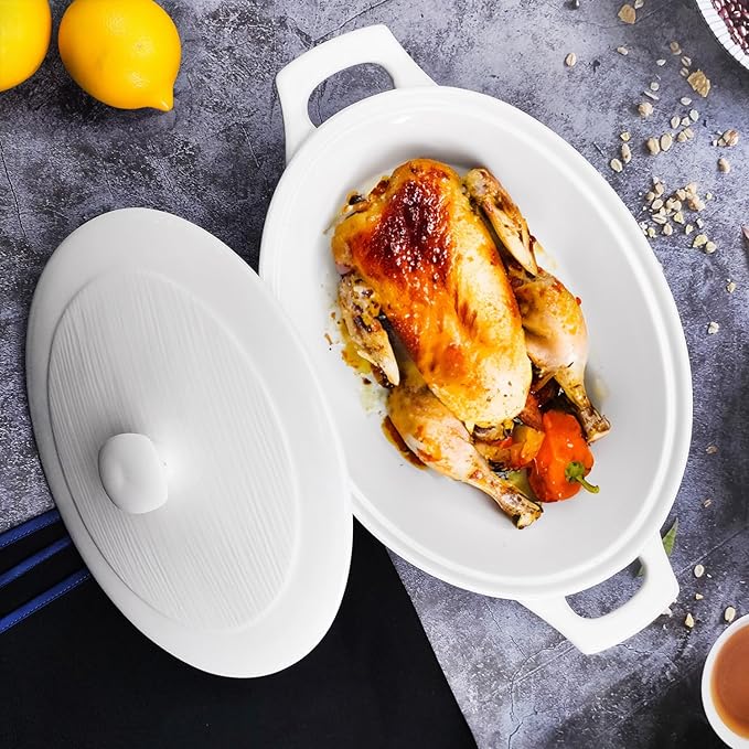 9" x 6.5" Oval Casserole Dish with Lids,1.9 Quart French White Ceramic Serving Soup Tureens, Baking