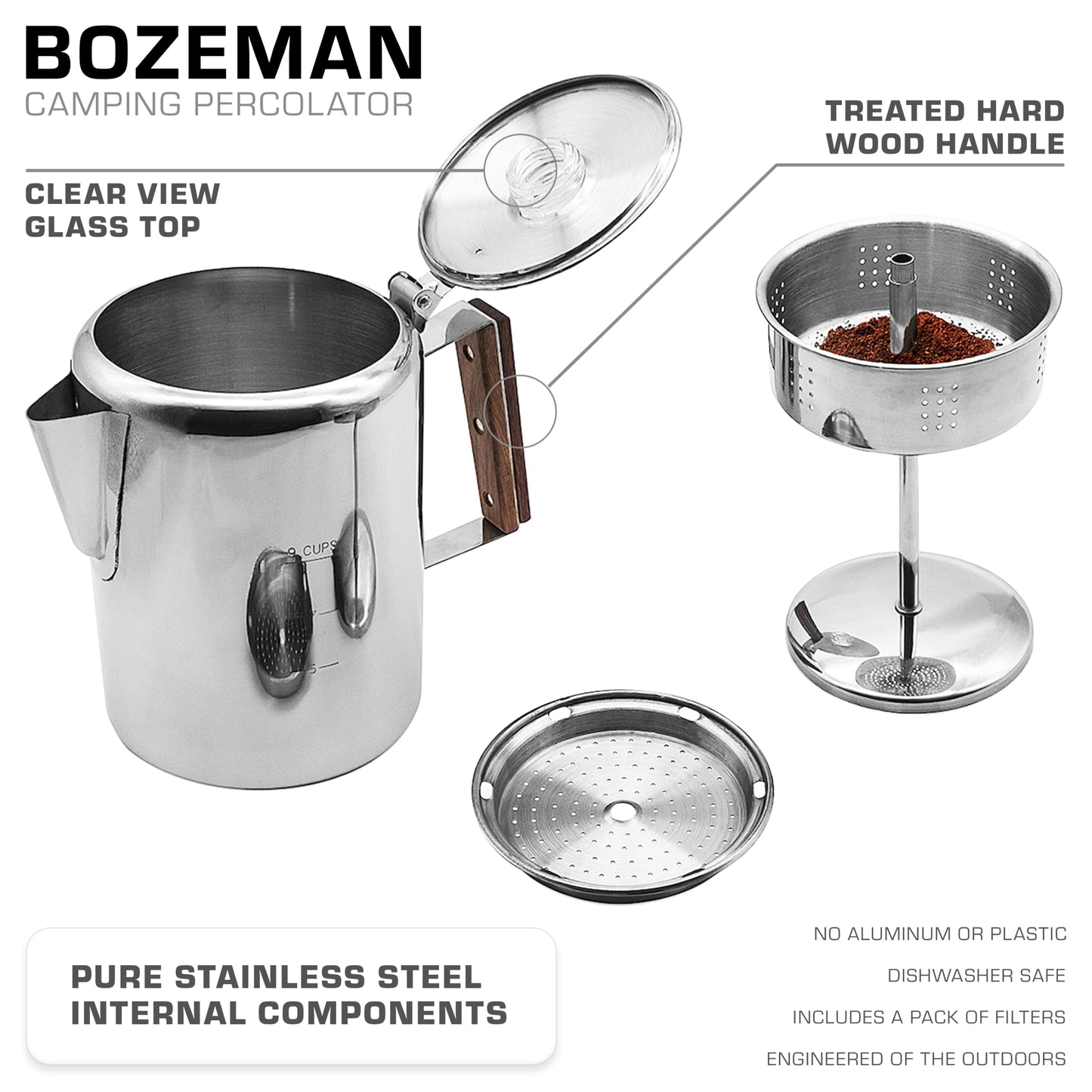 COLETTI Bozeman Percolator Coffee Pot — NO Aluminum or Plastic [9 cup]