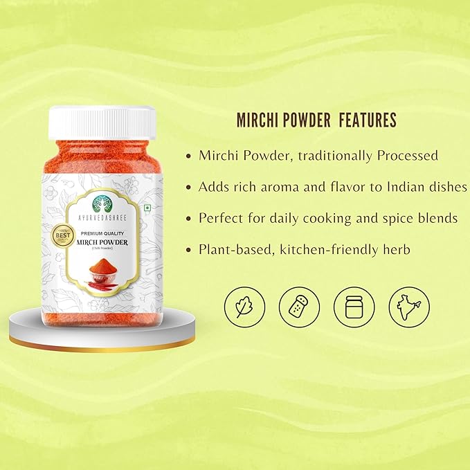 AYURVEDASHREE Chilli Powder (Mirchi Ground) 100gM PET Jar ~ All Natural | Vegan | Gluten Friendly |