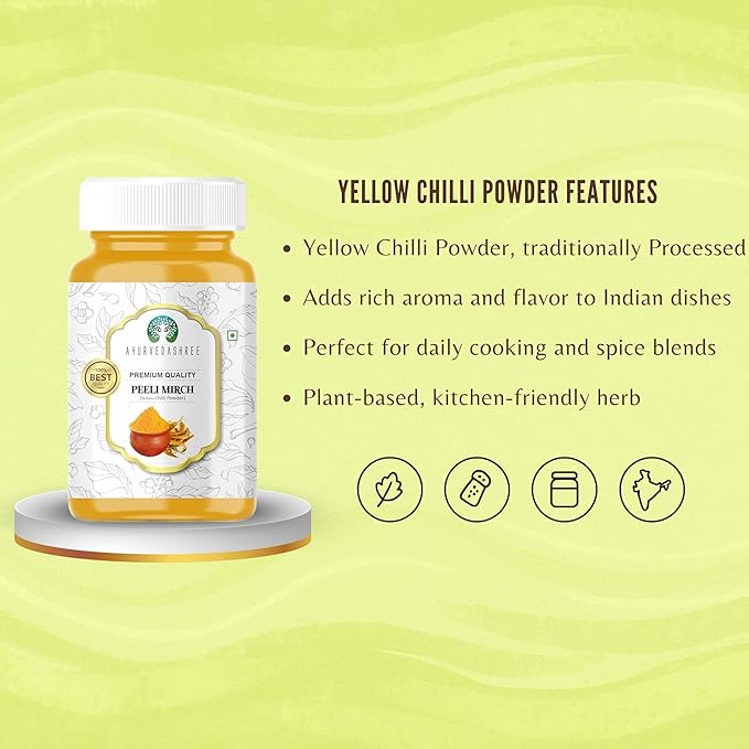 AYURVEDASHREE Yellow Chilli Powder (Pili Mirchi) 100gm PET Jar ~ All Natural | Vegan | Gluten