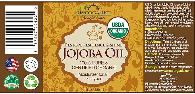 US Organic Jojoba Oil, USDA Certified Organic,100% Pure & Natural, Cold Pressed Virgin, Unrefined