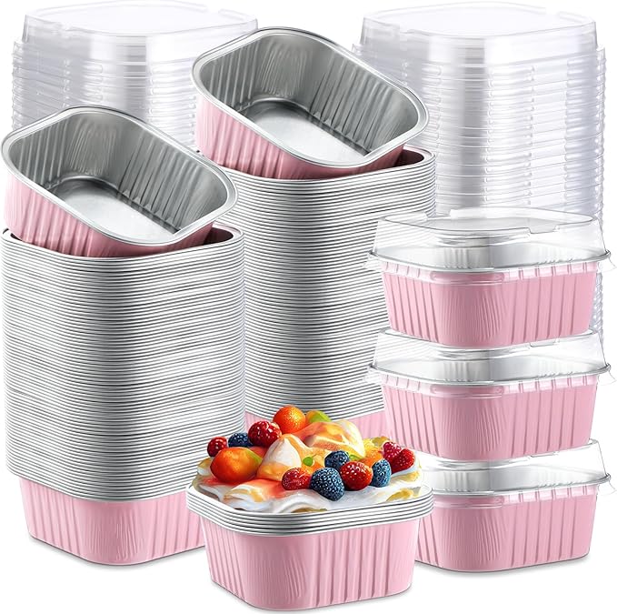 Aoriher 300 Pieces 10 oz Mini Cake Pans with Lids, Aluminum Foil Baking Cups, Square Disposable