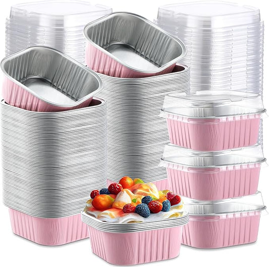 Aoriher 300 Pieces 10 oz Mini Cake Pans with Lids, Aluminum Foil Baking Cups, Square Disposable