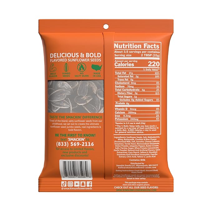SMACKIN' - Jumbo Roasted Sunflower Seeds, No Salty Burn, American Made, Easy Pour & Seal - Cheddar