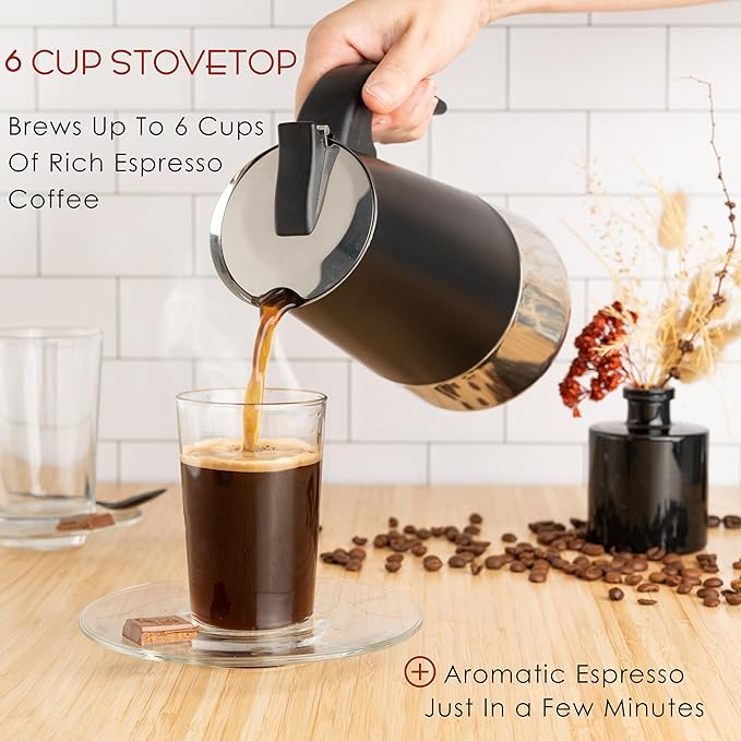 Mixpresso Black 6 Cup Greca Stovetop Espresso Pot 300ml/10oz, Moka Pot with Coffee Percolator