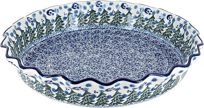 Blue Rose Polish Pottery - Blue Evergreen Magic Pie Plate - 10" Diameter - Ceramic Baking Dish, For