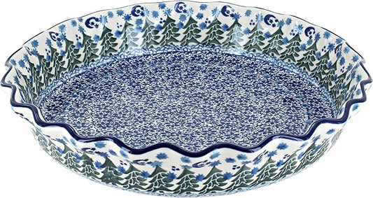 Blue Rose Polish Pottery - Blue Evergreen Magic Pie Plate - 10" Diameter - Ceramic Baking Dish, For