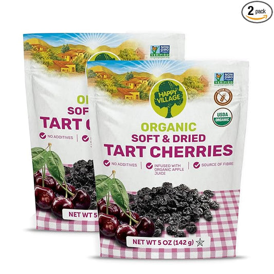 Happy Village Organic Whole Dried Tart Cherries, 10 OZ (2 Packs of 5 OZ) - Soft & Juicy, Kosher