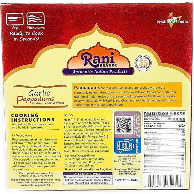 Rani Pappadums (Indian Lentil Wafer Snack) Garlic Papad 7oz (200g) Approximately 15pc, 7 inches