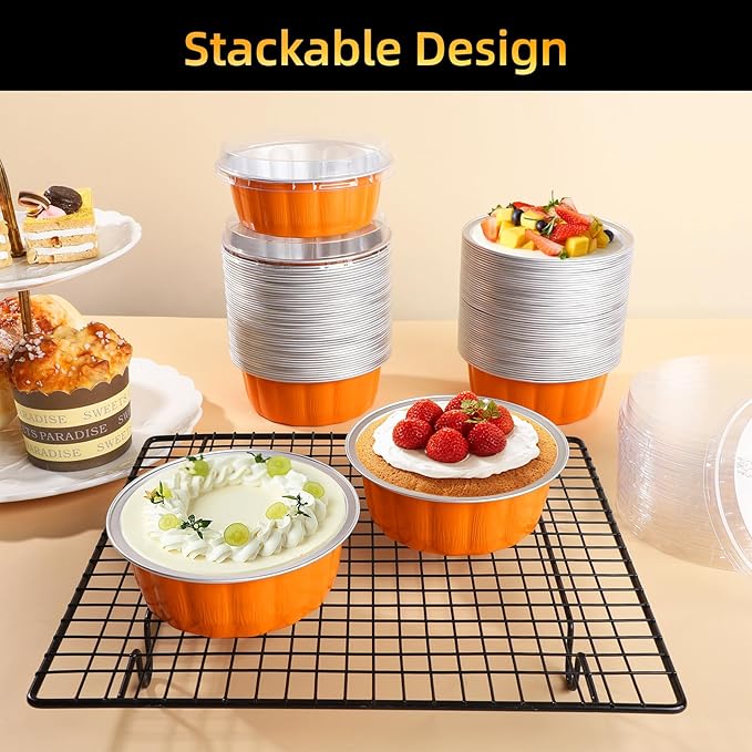 Beasea Ramekins Baking Cups with Lids, 120 Pack 8 oz 4 Inch Mini Disposable Orange Aluminum Foil