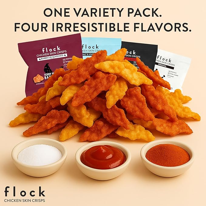 Flock Keto Chicken Skin Chips | 4 Flavors Variety Pack | Low Carb, High Protein, Sugar Free, Gluten