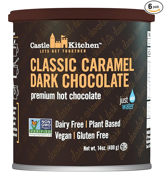 Castle Kitchen Caramel Dark Hot Chocolate (6 Pack) Premium Plant Based, Dairy Free, Gluten-Free