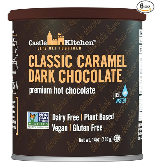 Castle Kitchen Caramel Dark Hot Chocolate (6 Pack) Premium Plant Based, Dairy Free, Gluten-Free
