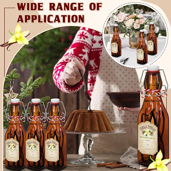 Uiifan 12 Pcs 8 oz Swing Top brown Square Glass Bottles for Vanilla Extract with Caps and Cotton