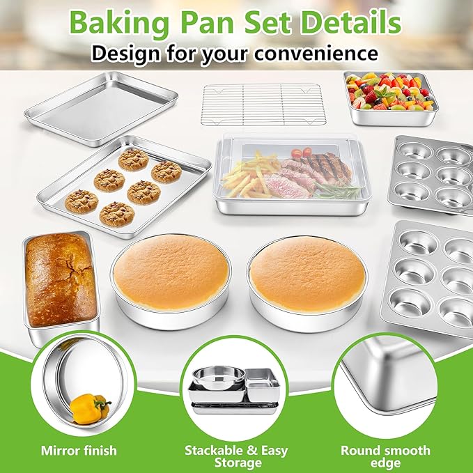 Bakeware Sets of 11, P&P CHEF Stainless Steel Baking Pans Set, Includes Baking Sheets and Rack