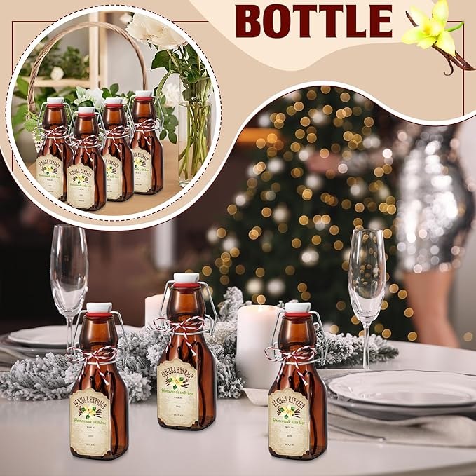 Uiifan 12 Pcs 4 oz Amber Swing Top brown Square Glass Bottles for Vanilla Extract with Caps and