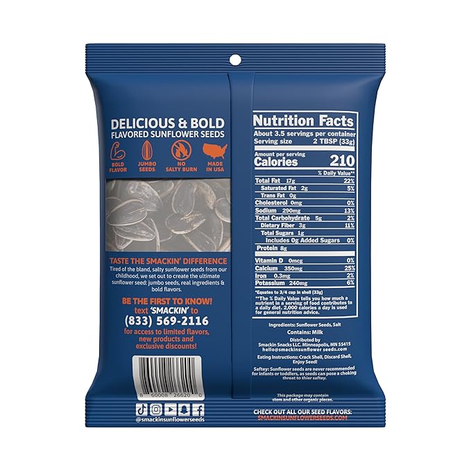 SMACKIN' - Jumbo Roasted Sunflower Seeds, No Salty Burn, American Made, Easy Pour & Seal