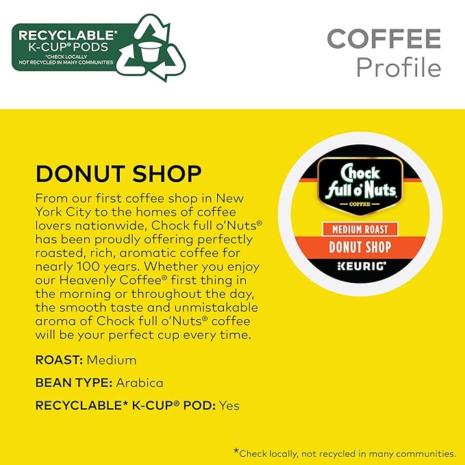 Chock full o’Nuts Donut Shop Keurig K-Cup Pods for Keurig Brewers – Premium Arabica, Medium Roast