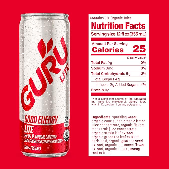 GURU Lite Organic Energy Drinks, Clean Energy Drink with Plant Based Natural Caffeine from Green