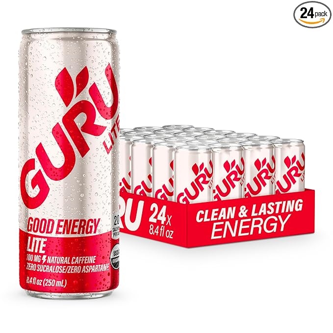 GURU Lite Organic Energy Drinks, Clean Energy Drink with Plant Based Natural Caffeine from Green