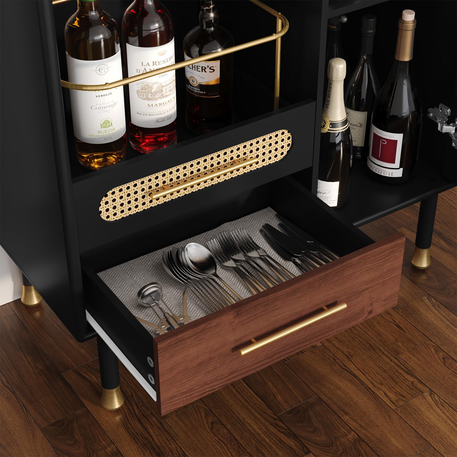 ARTPOWER Modern Coffee Bar Cabinet with Pull-Out Wine Storage, Black