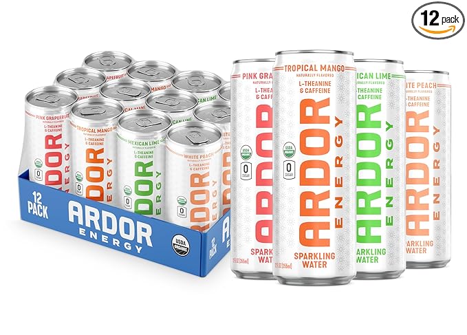 ARDOR ENERGY Sparkling Water with 100mg Natural Caffeine & 200mg L-Theanine from Organic Green Tea