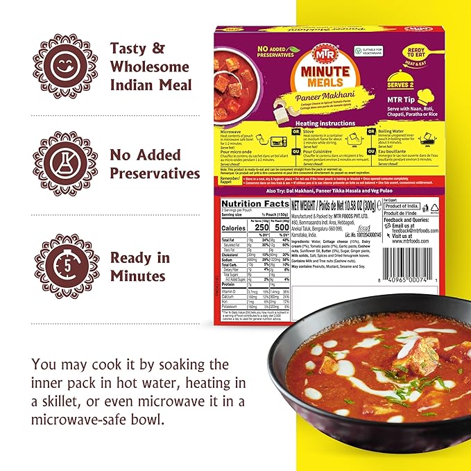 MTR - Minute Meals: Paneer Makhani - Cottage Cheese in Spiced Tomato Puree - Tasty Indian Meal with