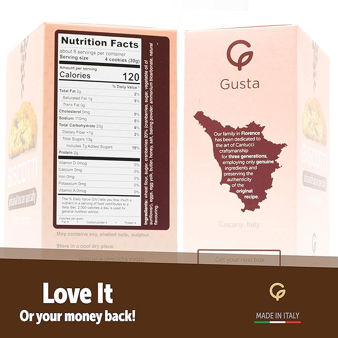 Gusta Authentic Soft Biscotti Cookies Made in Tuscany, Italy - Cranberry - Original Two Bites Size