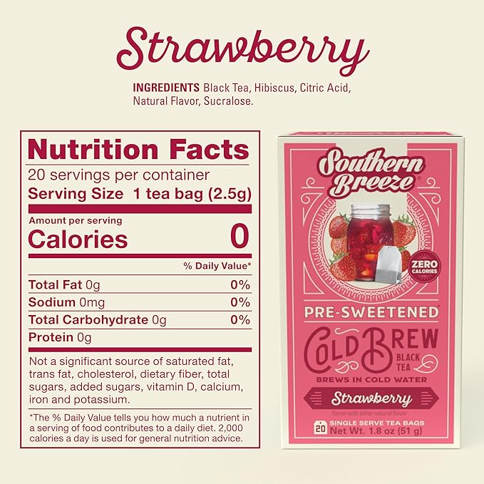 Southern Breeze Cold Brew Sweet Tea Strawberry Iced Tea with Black Tea and Zero Carbs Zero Sugar
