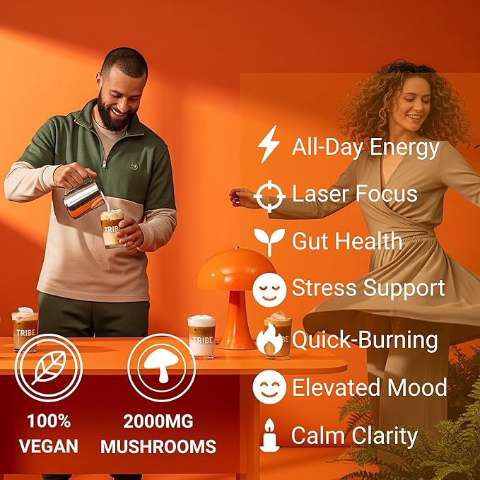 TRIBE 6 Mushroom Coffee + MCT Oil, Creamy Instant Barista Blend - Clean Daily Energy, Focus, Immune