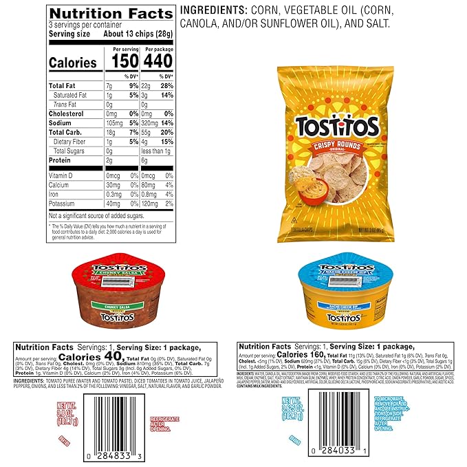 Tostitos Tortilla Chips Chip & Salsa Pack, 3oz Tostitos Crispy Rounds & 3.8oz Medium Salsa (16