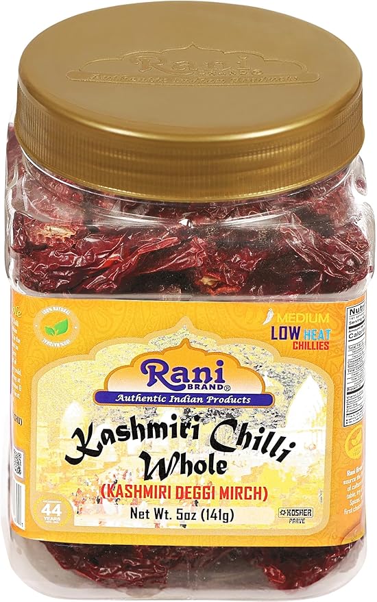 Rani Kashmiri Chilli Whole (Deggi Mirch, Low Heat) 5oz (141g) PET Jar ~ Natural | Salt-Free | Vegan