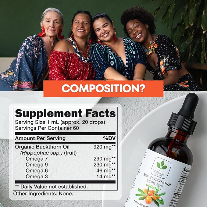Sea Buckthorn Oil Organic - 2 fl oz Cold-Pressed Sea Buckthorn Berry Oil - Seabuckthorn Oil for