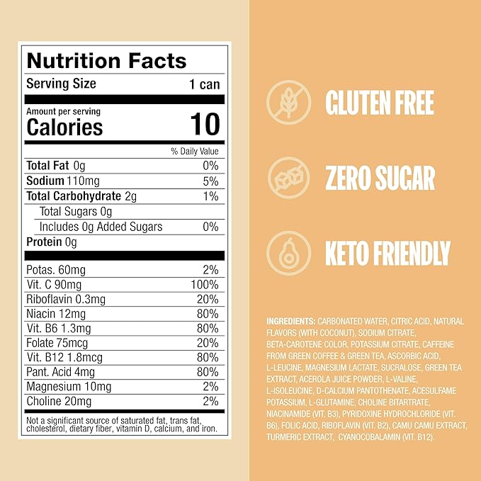 ZOA Zero Sugar Energy Drinks, Pineapple Coconut - Sugar Free with Electrolytes, Healthy Vitamin C