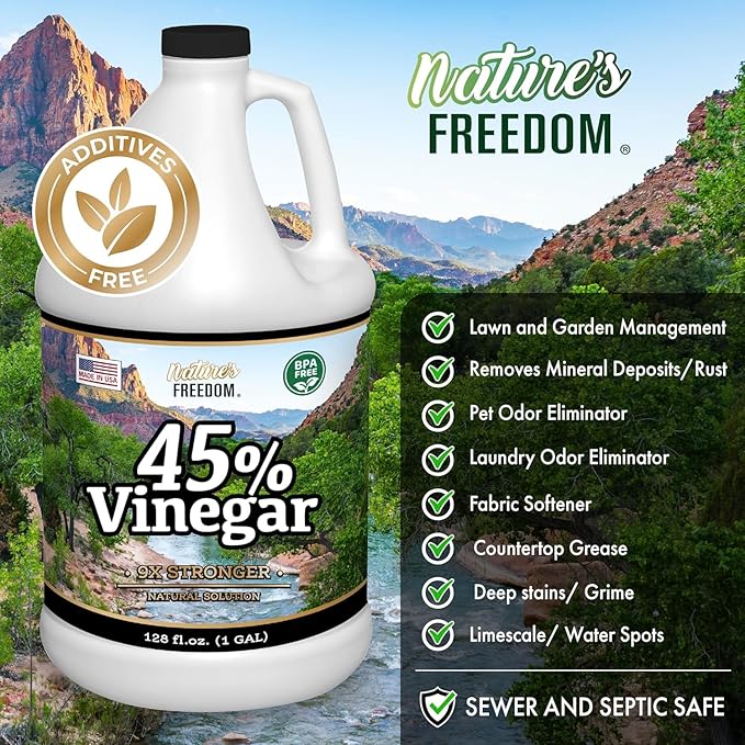 Nature's Freedom 45% Concentrated Vinegar, 1 Gallon with “How to Use Vinegar” Cleaning Book