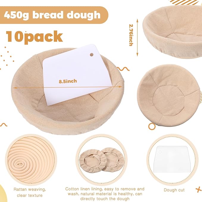 Patelai 10 Pieces Banneton Bread Proofing Basket Round Sourdough Proofing Basket Banneton Basket