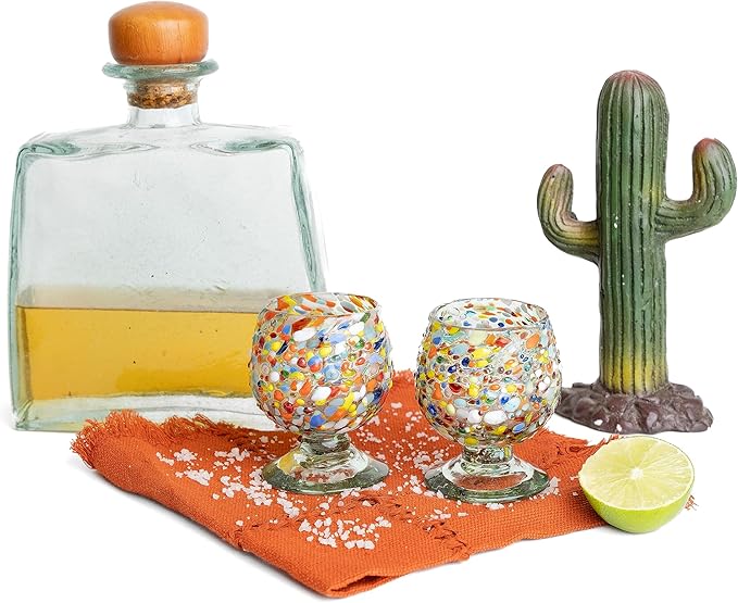Authentic Mexican Tequila Hand Blown Shot Glasses - Set of 4-2 oz - Mini Glass Snifters - Heavy