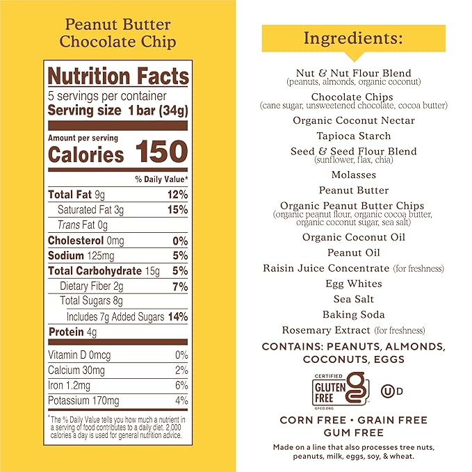 Simple Mills Almond Flour Snack Bars, Peanut Butter Chocolate Chip - Gluten Free, Made with Organic