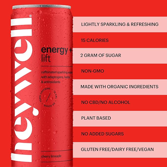 Heywell Sparkling Adaptogenic Water Energy and LIft, Cherry Limeade Flavor 12 Fluid Ounce (Pack of