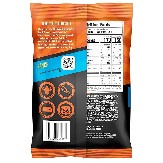 Wild Dutchman, Roasted Sunflower Seeds, Mouth Friendly Recipe for All Day Snacking, Ranch, 5.5 oz