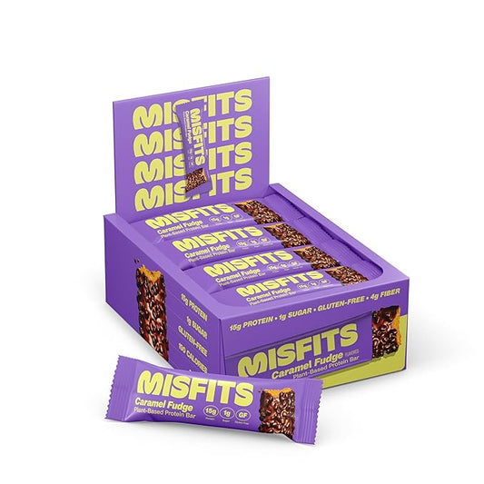 Misfits Vegan Protein Bars, Caramel Fudge - Updated Recipe | Plant Based, Low Sugar & Carb, High