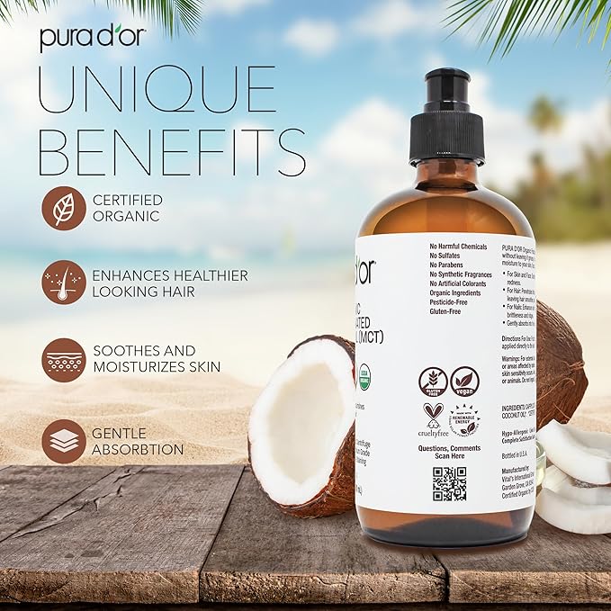 PURA D'OR 16.9 Oz ORGANIC Fractionated Coconut Oil MCT Oil (GLASS BOTTLE) 100% Pure & Natural USDA