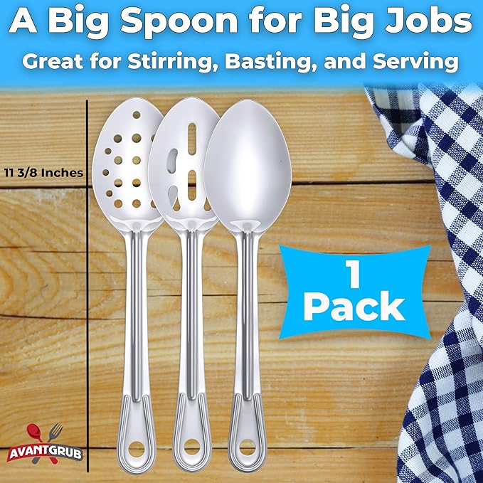 Super Strong, Ergonomic 11 in Serving Spoon 3 Pk. Big, Stainless Steel Spoons for Cooking, Baking