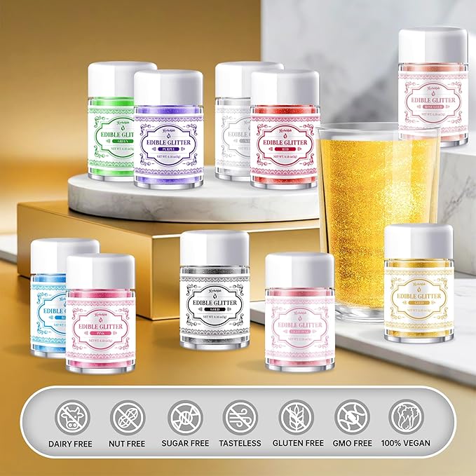 Edible Glitter for Drinks ??14 Colors Luster Dust, Food Grade Cocktail Shimmer Powder for Cakes
