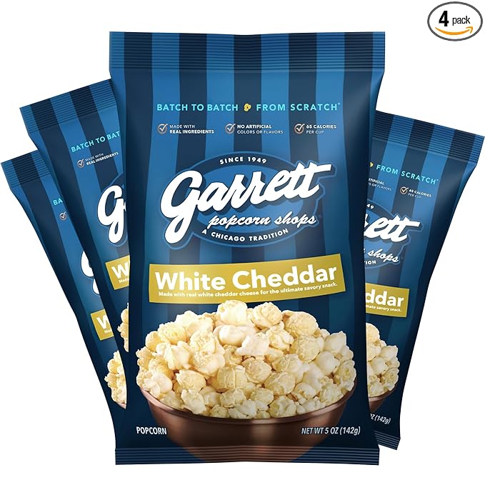 Garrett Popcorn White Cheddar, 5.0oz, 4 Bags, White Cheddar Gourmet Popcorn, Gluten Free, Savory
