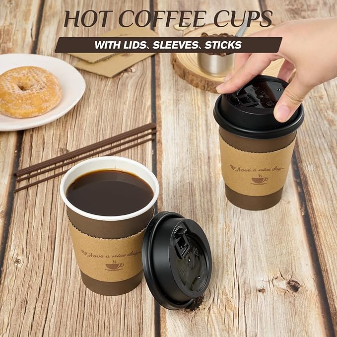 LITOPAK 100 Pack 12 oz Paper Coffee Cups with Lids, Sleeves, and Stirring Sticks for Coffee, Water