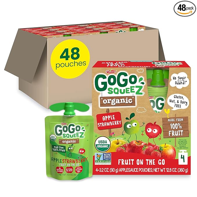 GoGo squeeZ Organic Applesauce and Fruit Puree Apple Strawberry, 3.2 oz (Pack of 48), Unsweetened